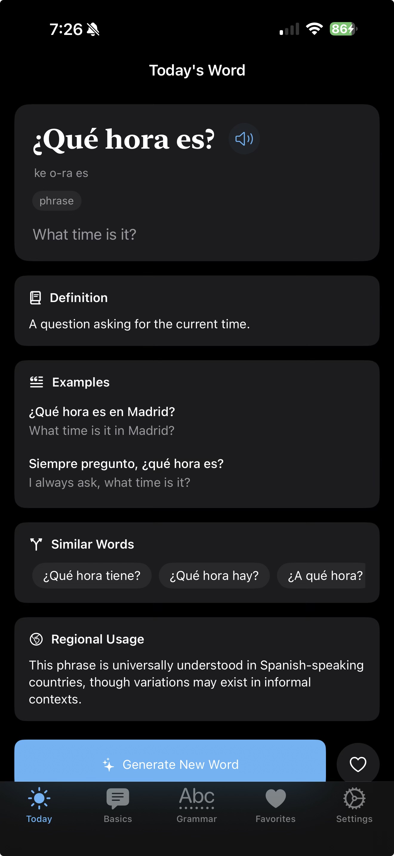 Spanish a Day App showing Today's Word feature with ¿Qué hora es?